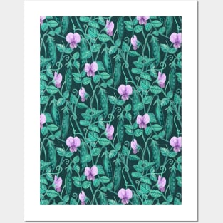 Fresh Garden Pea Floral on Dark Green Posters and Art